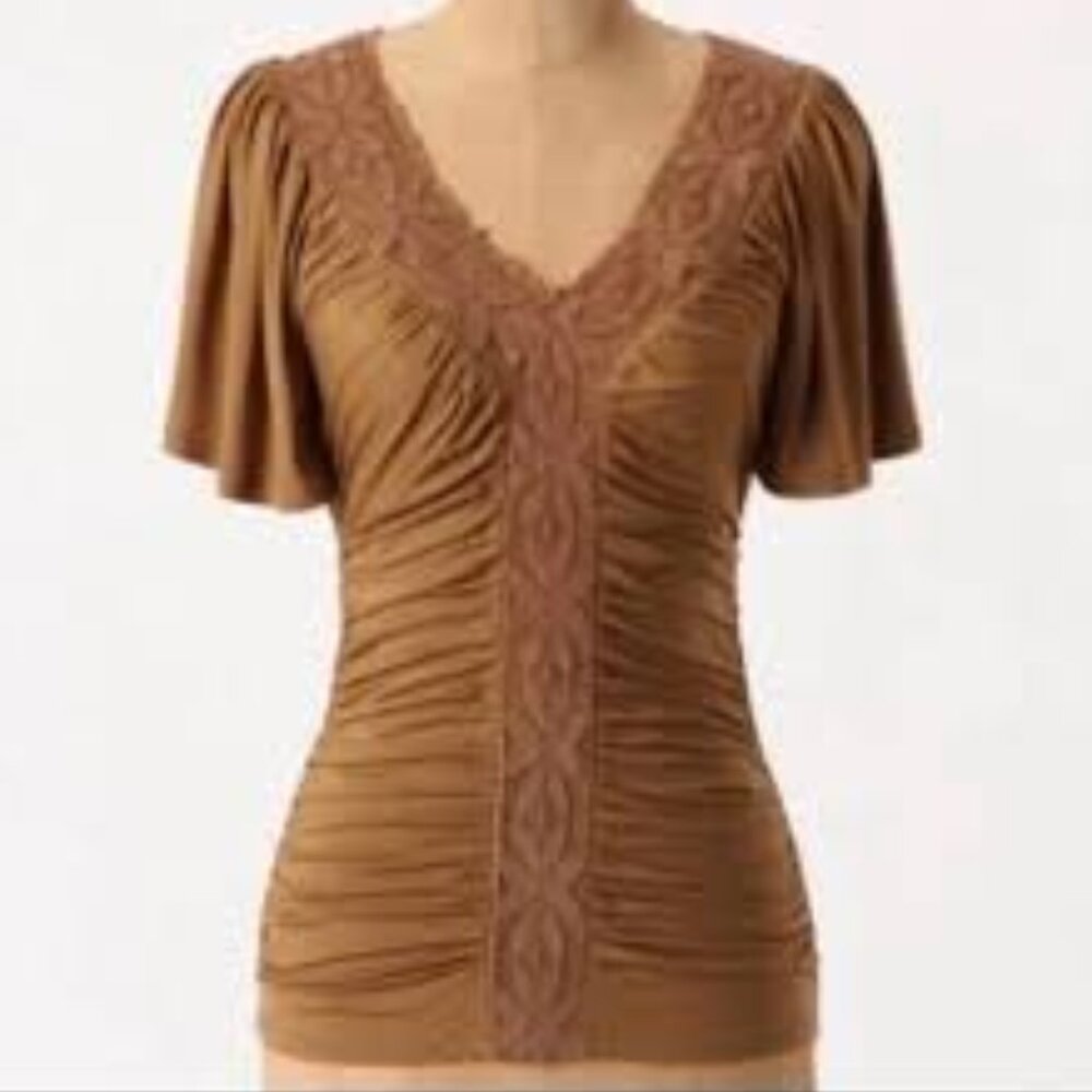 Anthropologie Postmark Mustard Yellow Brown Crochet Trim Ruched Knit Top